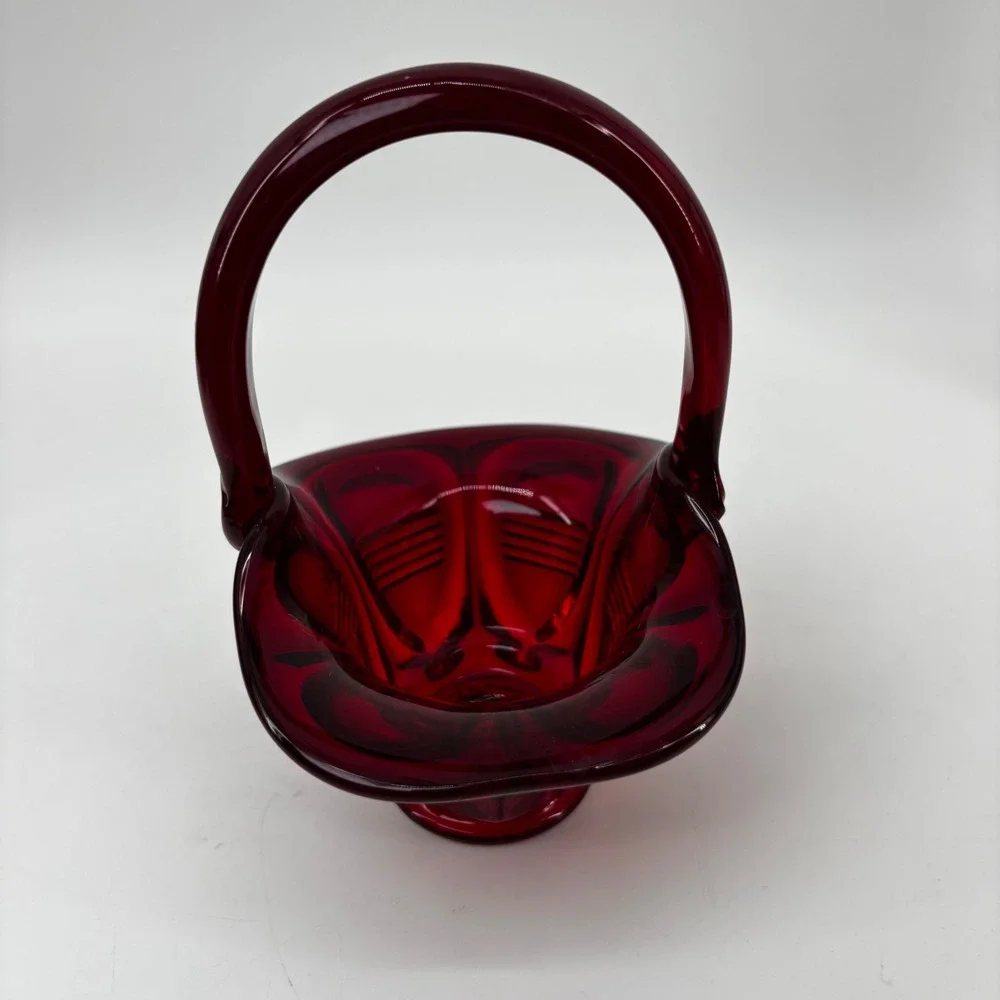 Vintage Ruby Red Glass Basket Pressed Pattern Scalloped Edge Applied Handle 6in